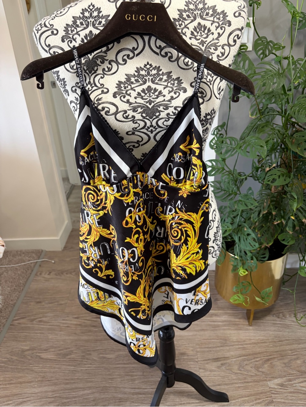 VERSACE Jeans Collection - New” AUT Black & Gold Baroque Print Silk Camisole